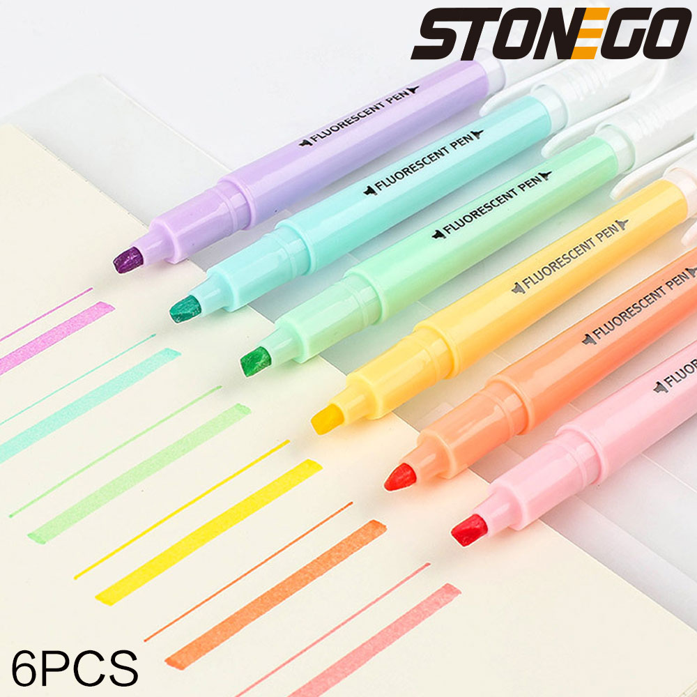 Highlighter Set Pastel - STONEGO 6PCS Dual Tip Highlighter ชุดเครื่องหมายเรืองแสงกระพริบปากกาปากกาปากกา